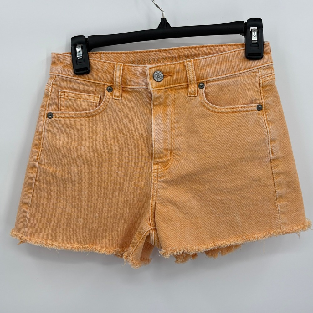 American Eagle Womens Orange High Waisted Raw‎ Hem Stretch Denim Shorts Size 0